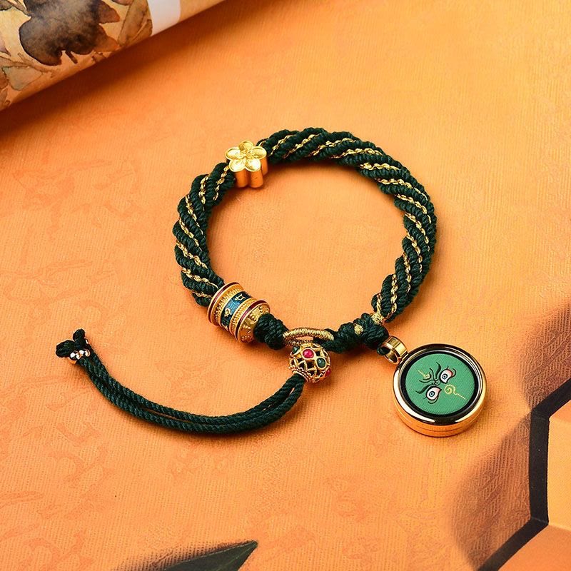 Bracelet en corde tissée avec breloque en forme de fleur et roue de prière en Buddha Stones faites à la main avec cinq dieux de la richesse et de la chance