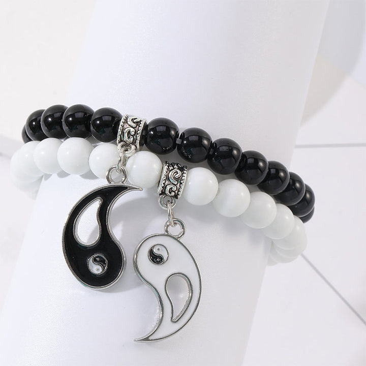 Bracelet de couple Yin Yang en perles de turquoise blanches et onyx noir Buddha Stones 2 pièces