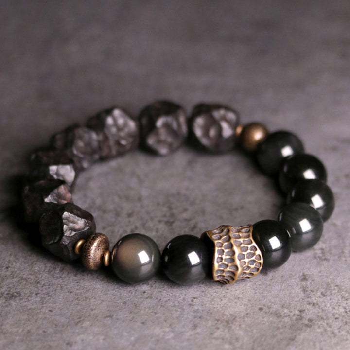 Bracelet couple force cuivre pierres de Buddha Stones obsidienne noire bois d'ébène