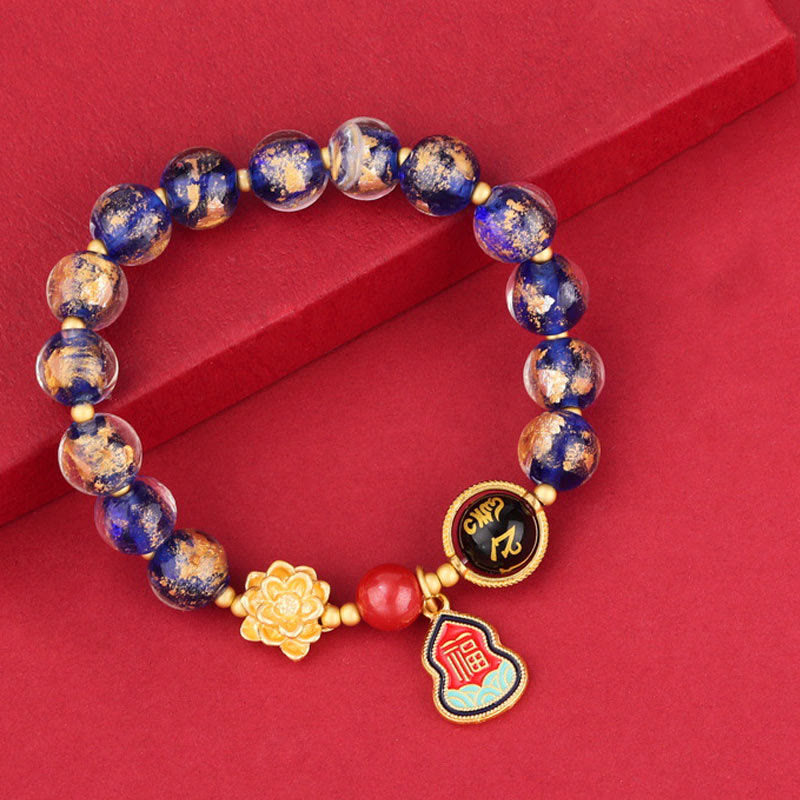 Bracelet porte-bonheur en perles de verre avec breloque en forme de gourde et de lotus Liuli, Buddha Stones tibétaines Om Mani Padme Hum Fu
