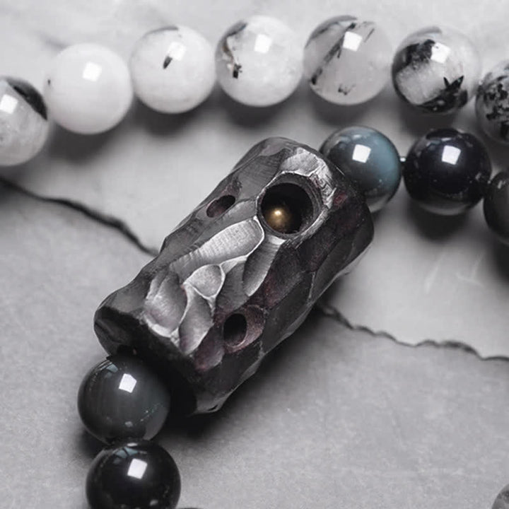 Bracelet Couple Succès en Bois d'Ébène et Quartz Rutile Noir et Cristal Blanc