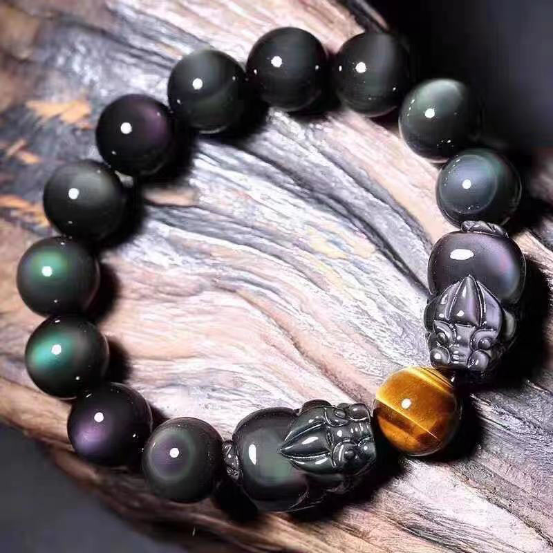 Bracelet de guérison FengShui PiXiu en obsidienne arc-en-ciel Buddha Stones