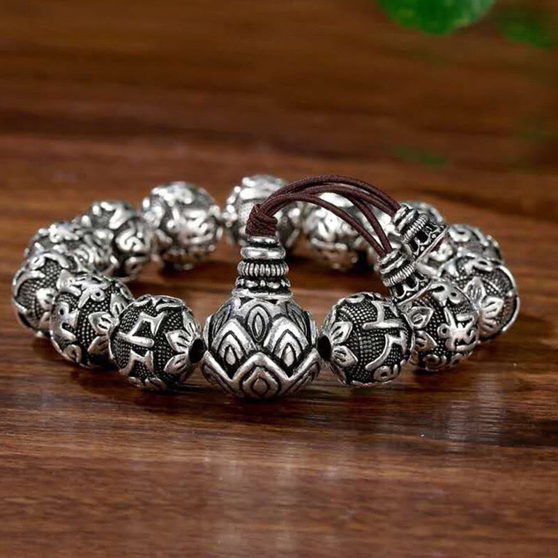 Bracelet amulette en perles en alliage sculptées avec Buddha Stones tibétaines Om Mani Padme Hum