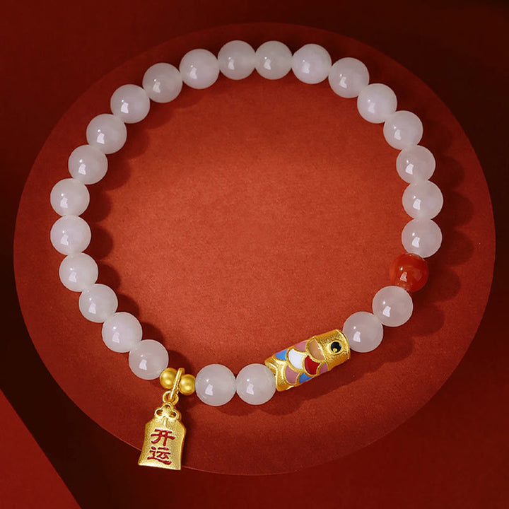 Bracelet porte-bonheur en argent sterling 925 Buddha Stones et jade blanc Hetian, agate rouge, poisson koï