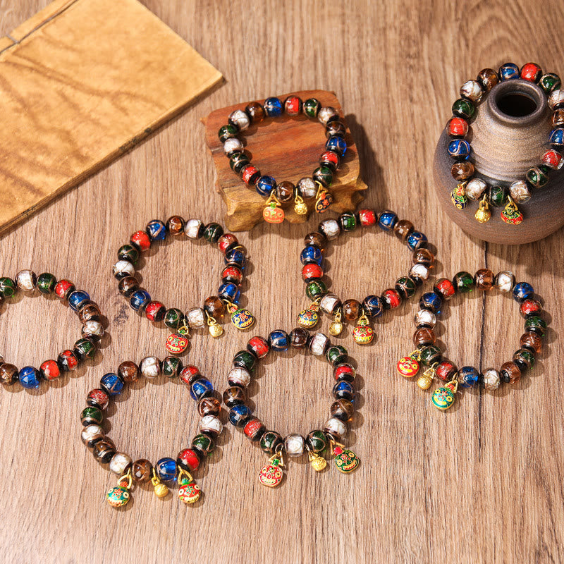 Bracelet porte-bonheur en perles de verre Liuli avec breloque de la famille des bêtes avaleuses en or et Buddha Stones