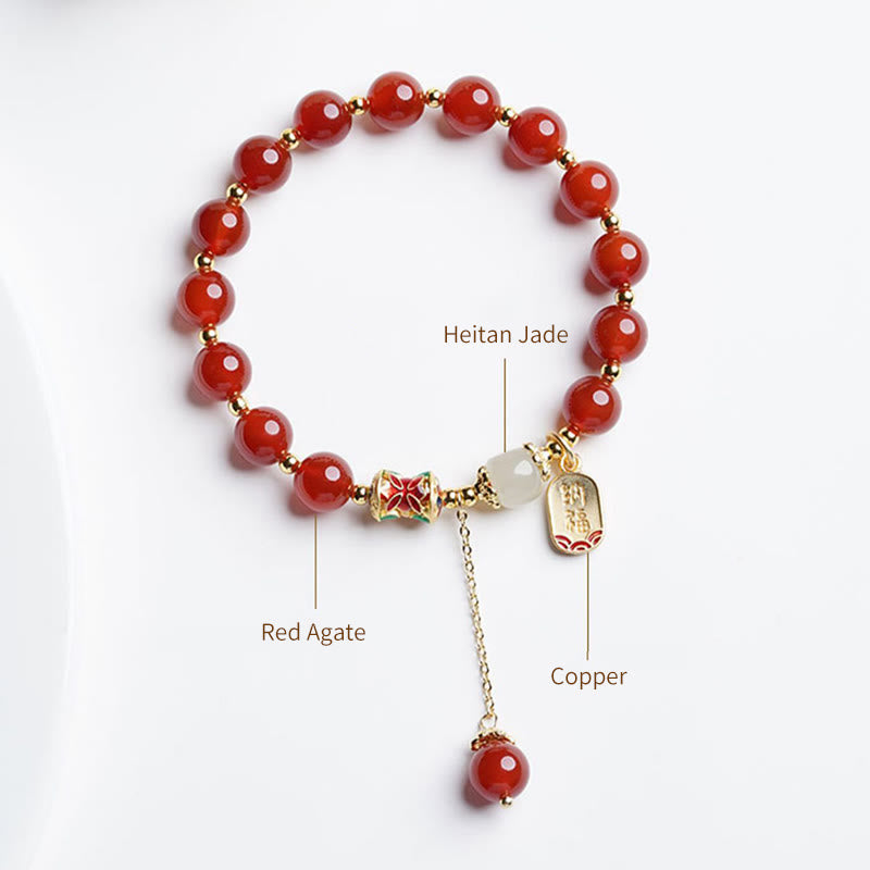 Bracelet à breloques en jade Hetian rouge naturel avec Buddha Stones et caractère Fu