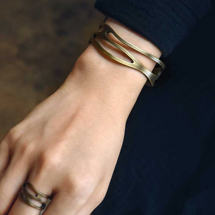 Bracelet manchette ajustable en cuivre et laiton courbé vintage Buddha Stones