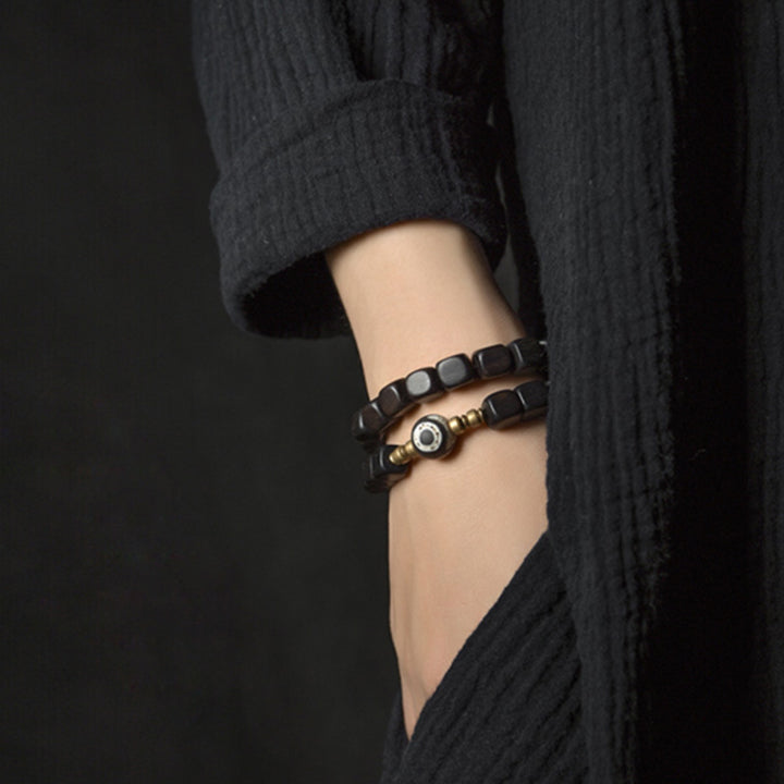 Bracelet couple paix en cuivre avec perles dzi en bois d'ébène