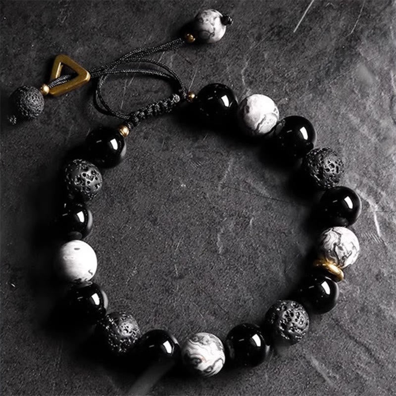 Bracelet de force Yin Yang en pierre de lave en obsidienne noire Buddha Stones