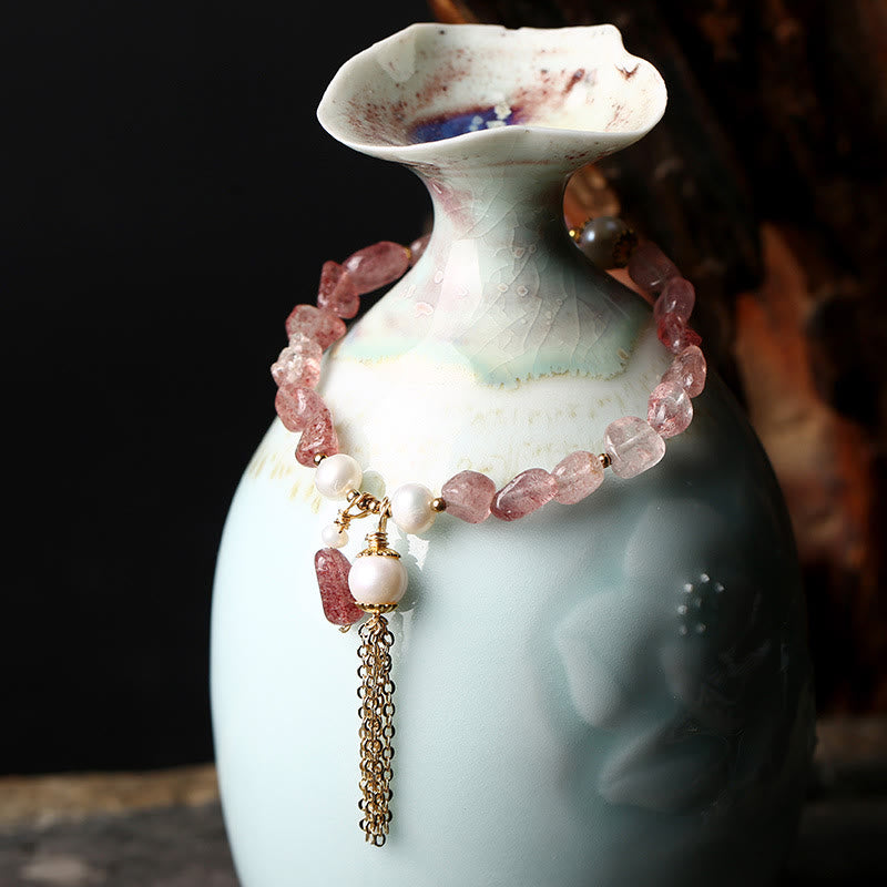 Bracelet de guérison d'amour plaqué or 14 carats avec perles de quartz fraise naturelles