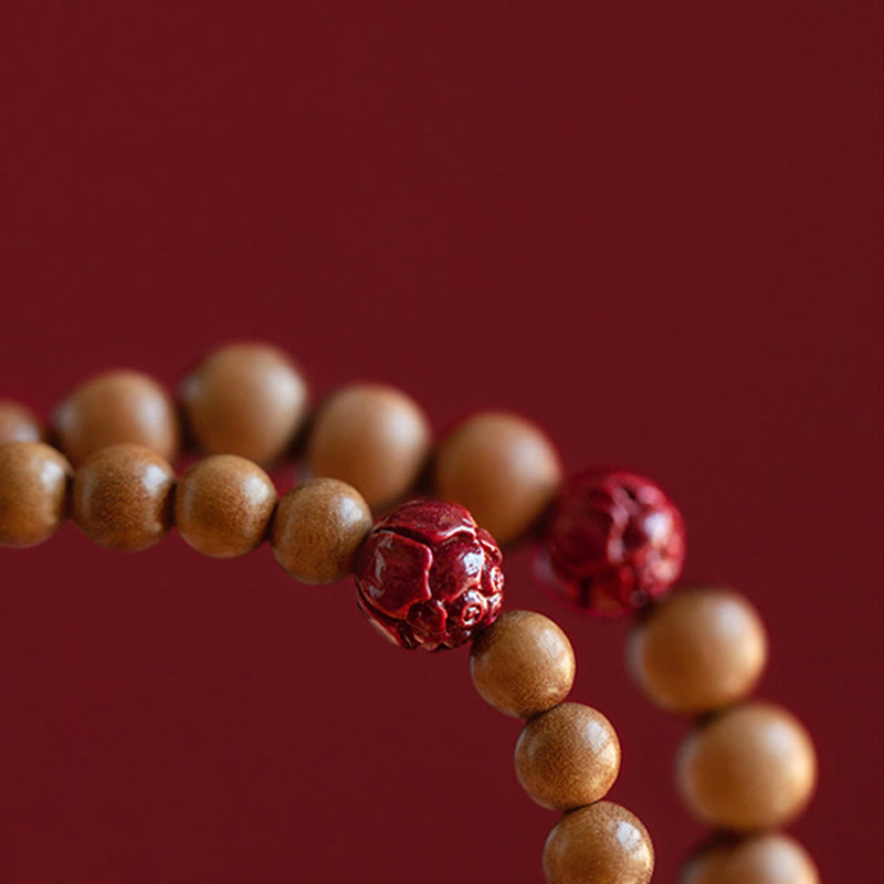 Bracelet Buddha Stones Bois de pêche Lotus Cinabre Chance Richesse