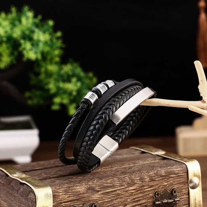 Bracelet en cuir multicouches avec boucle magnétique tressée en acier titane et Buddha Stones