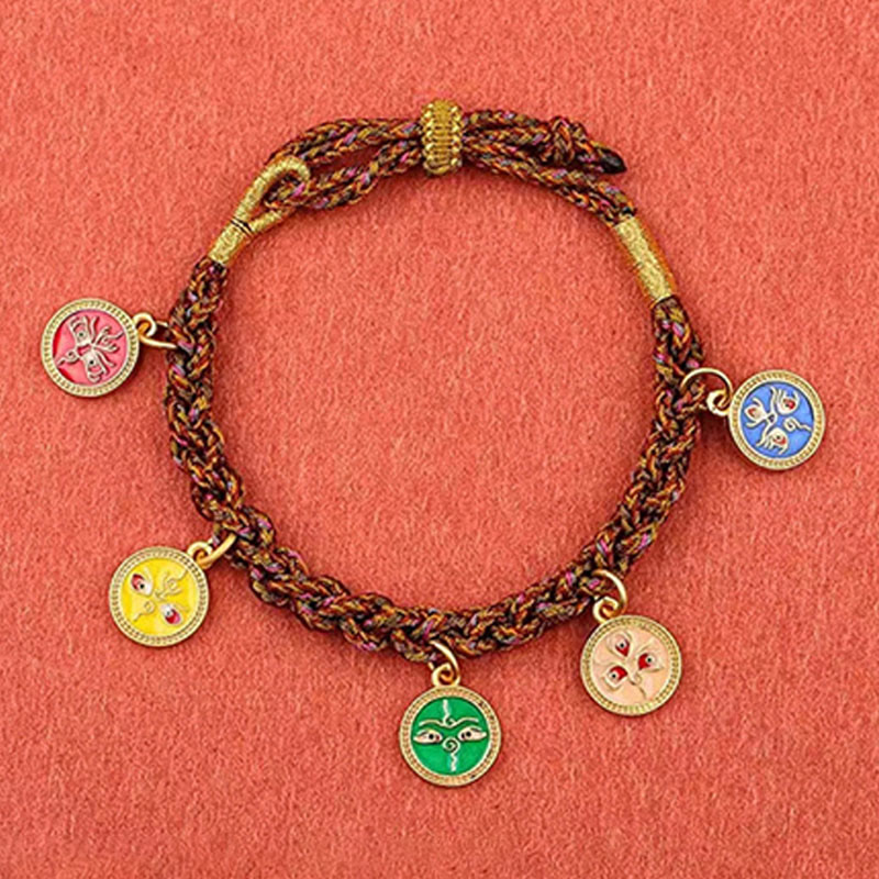 Bracelet Thangka Tibétain en Cordon Tressé Chanceux avec Cinq Dieux de la Richesse