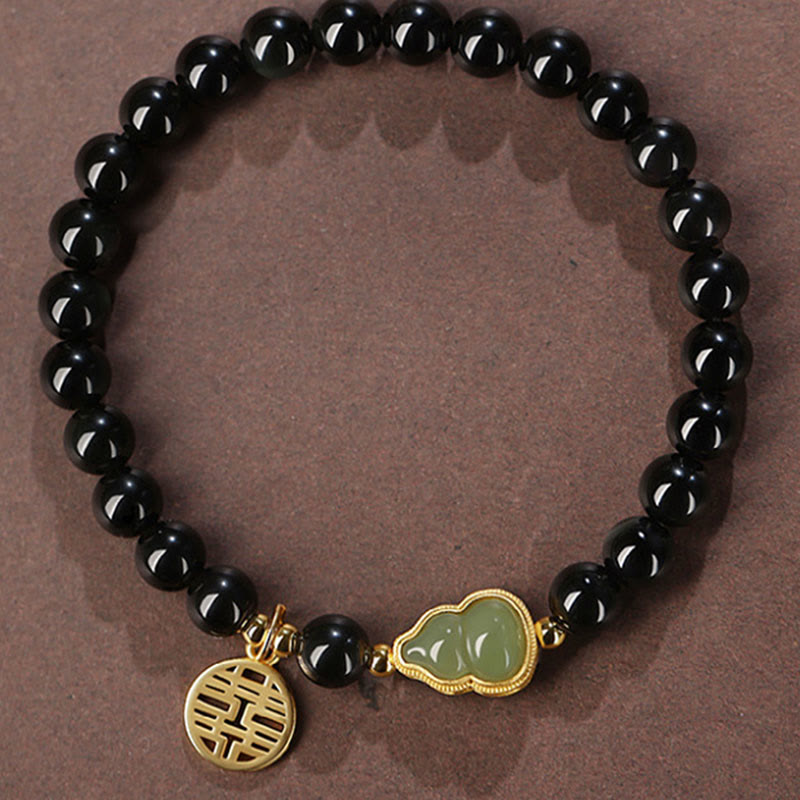 Bracelet de force double bonheur en obsidienne noire naturelle en jade Hetian