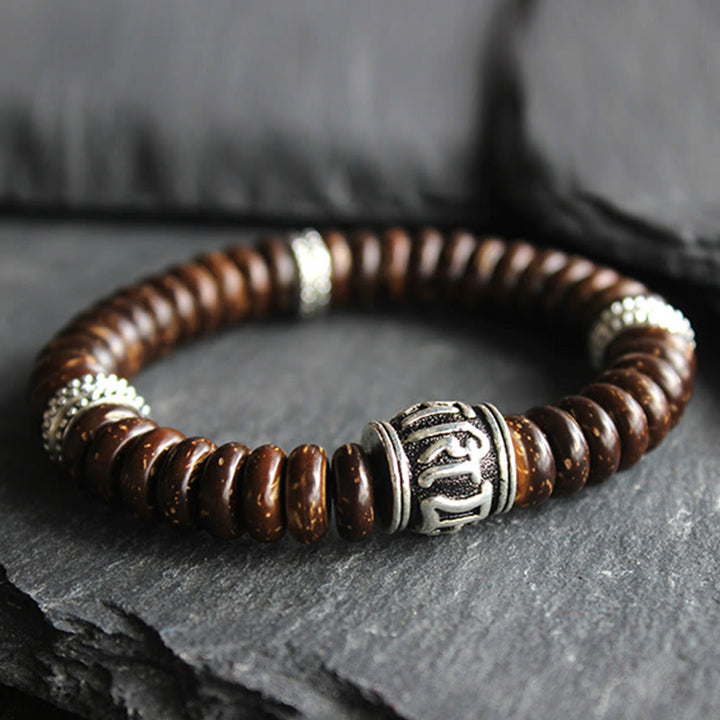 Bracelet Buddha Stones en coquille de noix de coco tibétaine naturelle Om Mani Padme Hum positif
