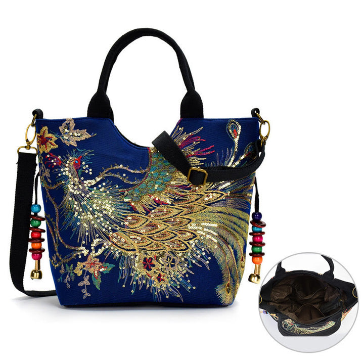 Sac fourre-tout brodé recto verso Buddha Stones Peacock Sac à bandoulière Sac à bandoulière