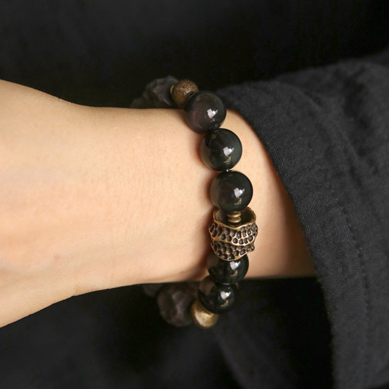 Bracelet couple force cuivre pierres de Buddha Stones obsidienne noire bois d'ébène