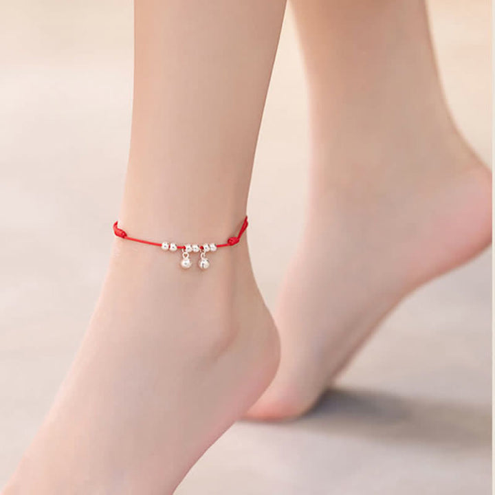 Bracelet de cheville en argent sterling 925 avec breloque en forme de cloche tressée rouge et Buddha Stones