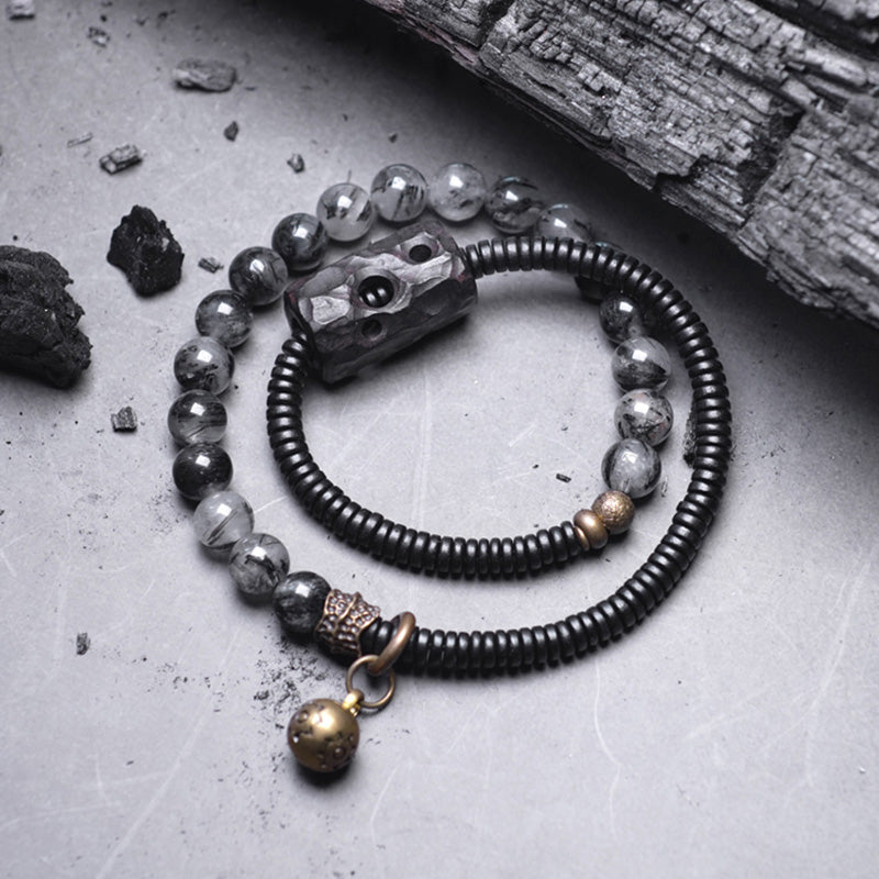 Bracelet couple sagesse en cuivre et bois d'ébène Buddha Stones et quartz rutile noir