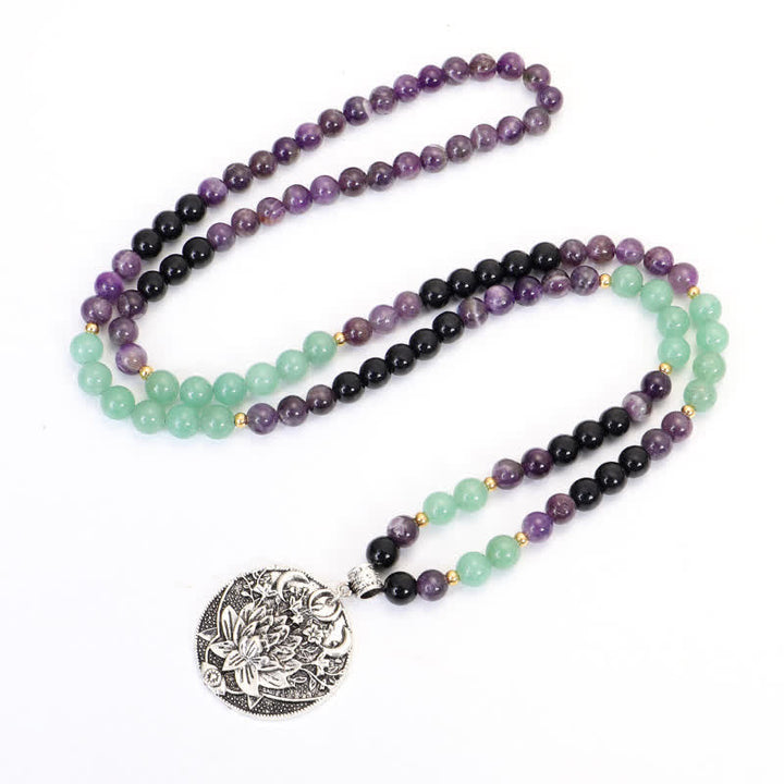 Bracelet de méditation Lotus en aventurine verte et améthyste avec 108 perles de Mala Buddha Stones