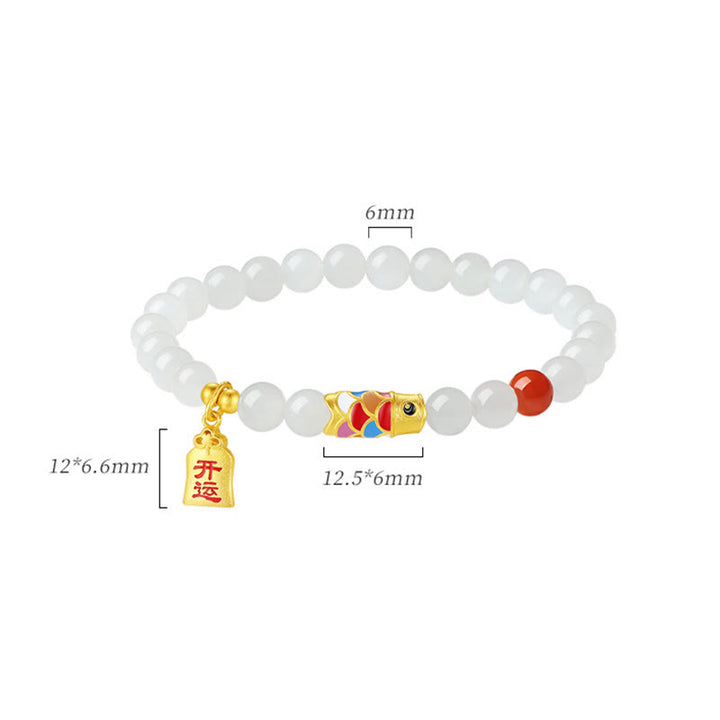 Bracelet porte-bonheur en argent sterling 925 Buddha Stones et jade blanc Hetian, agate rouge, poisson koï