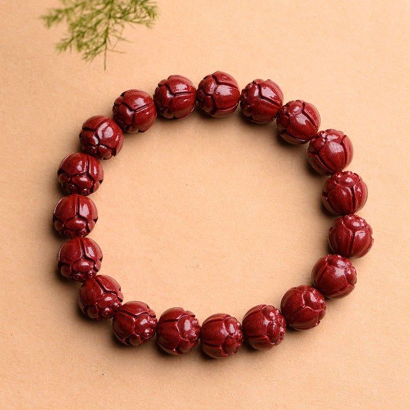 Bracelet de bénédiction de lotus à motif de frette en Buddha Stones en cinabre naturel Om Mani Padme Hum