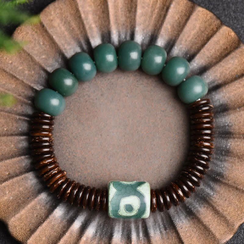 Bracelet tibétain en perles de graines Bodhi Dzi cyan en coquille de noix de coco pour éloigner les mauvais esprits