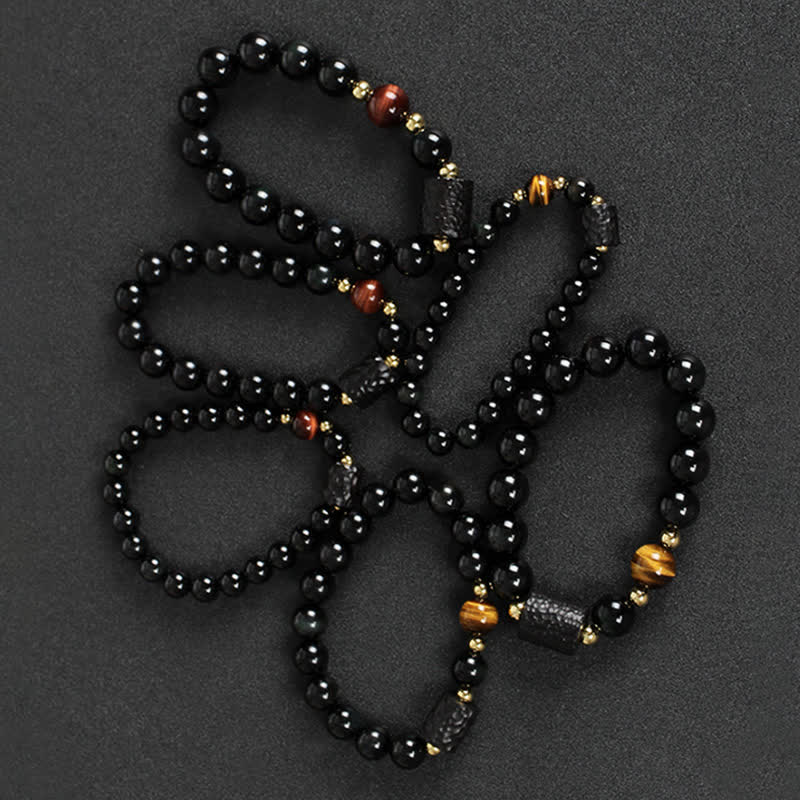 Bracelet de couple en obsidienne noire et bois d'ébène avec œil de tigre rouge