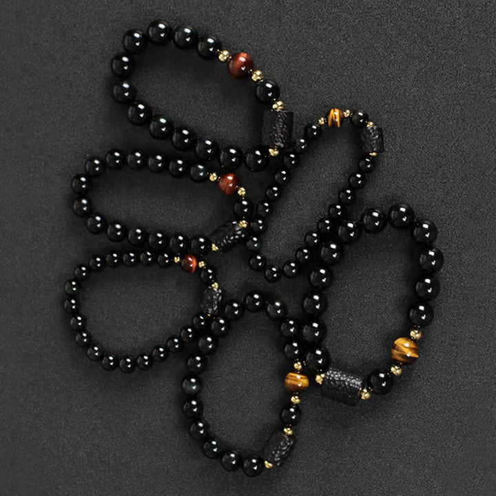Bracelet de couple en obsidienne noire et bois d'ébène avec œil de tigre rouge