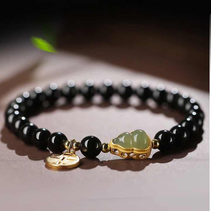 Bracelet de force double bonheur en obsidienne noire naturelle en jade Hetian