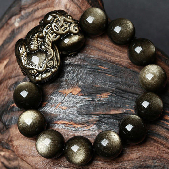 Bracelet de protection FengShui PiXiu en obsidienne dorée