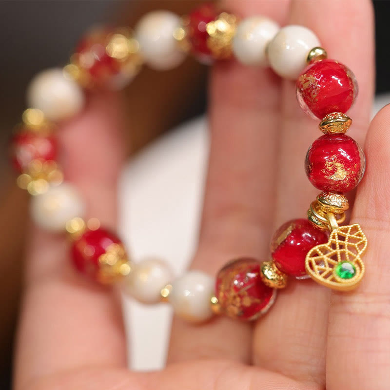 Bracelet en perles de porcelaine avec perles de verre et encens en forme de gourde en Buddha Stones, dieu de la richesse, porte-bonheur Liuli
