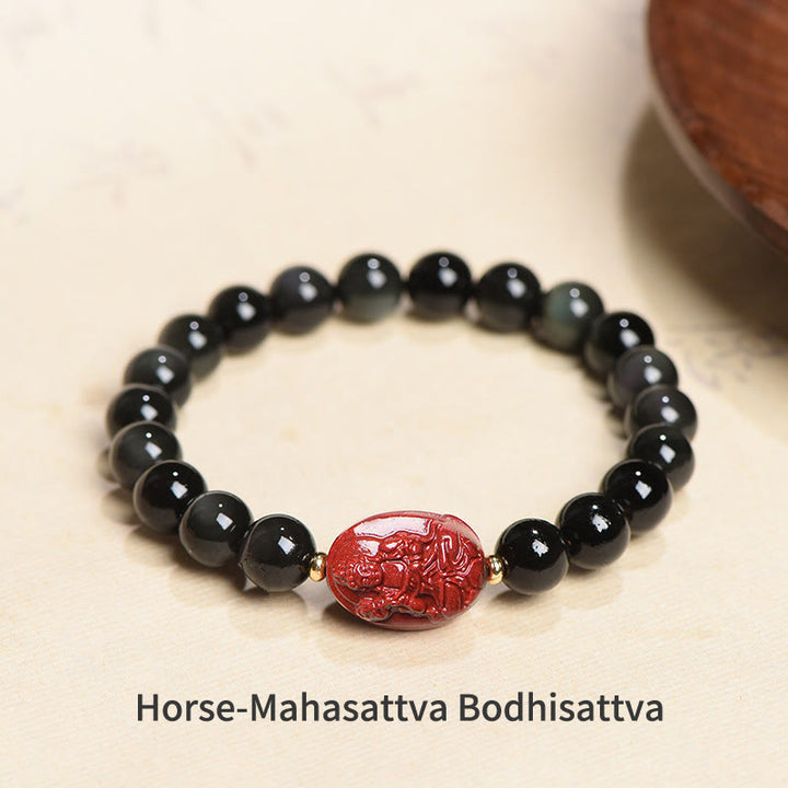 Bracelet de purification en obsidienne noire naturelle et cinabre avec Buddha Stones et zodiaque chinois