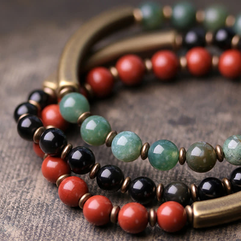 Bracelet couple paix en cuivre et cristal d'obsidienne noire en Buddha Stones Jaspe rouge Agate mousse
