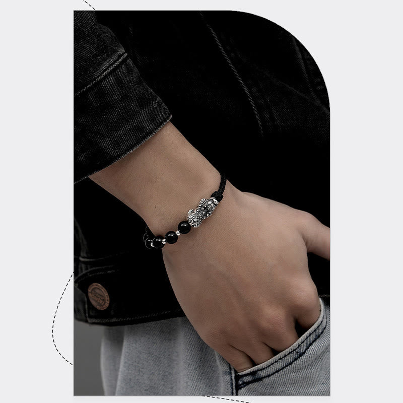 Bracelet de force en argent sterling 925 avec perles d'obsidienne noire naturelle FengShui PiXiu en argent sterling 999 et Buddha Stones