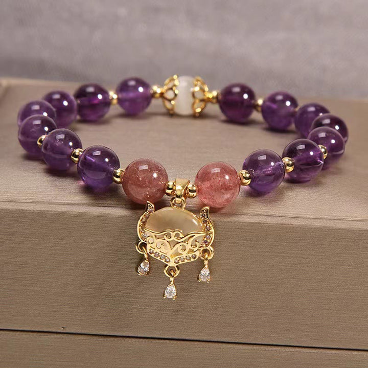 Bracelet de guérison à breloques en forme de cadenas chinois en améthyste naturelle et quartz fraise œil de chat - Améthyste, quartz fraise et œil de chat - image 1