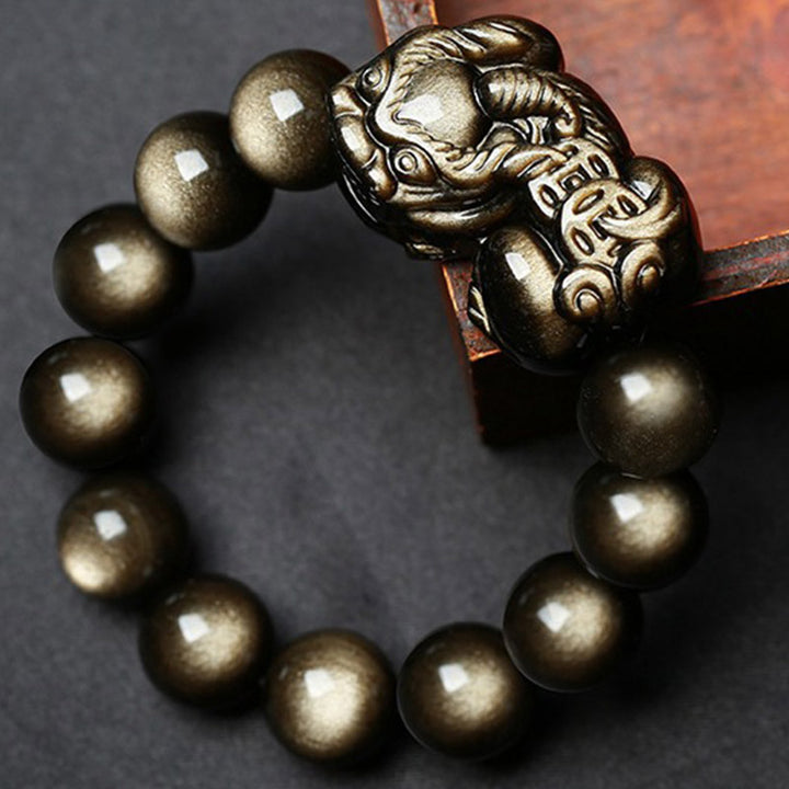 Bracelet de protection FengShui PiXiu en obsidienne dorée