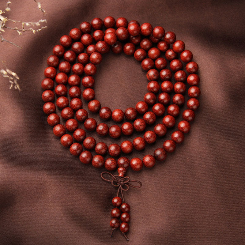 Bracelet de méditation Buddha Stones à petites feuilles en bois de santal rouge avec 108 perles