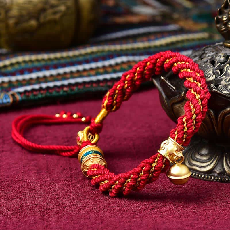 Bracelet tibétain fait main avec breloque en corde tressée et roue de prière Thangka pour protection de la chance