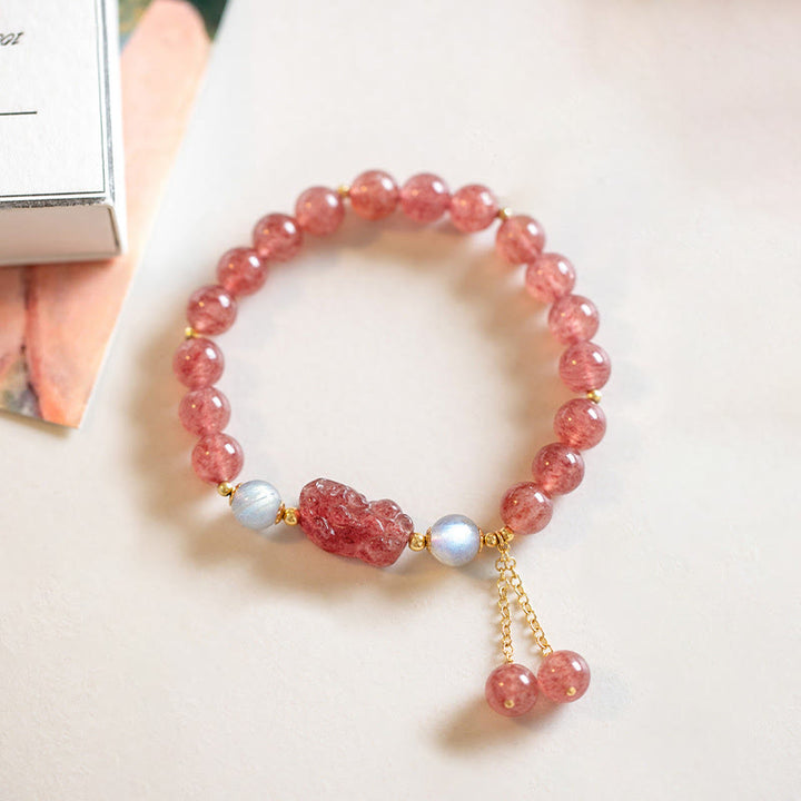 Bracelet de guérison d'amour PiXiu en pierre de lune et quartz fraise naturel Buddha Stones