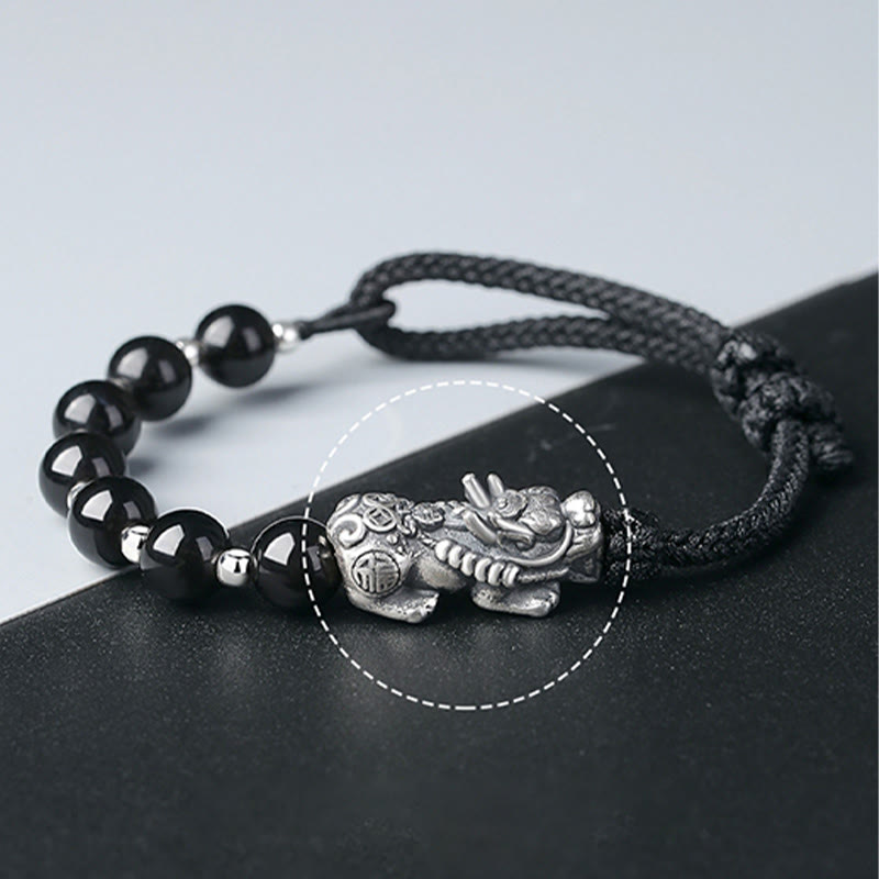 Bracelet de force en argent sterling 925 avec perles d'obsidienne noire naturelle FengShui PiXiu en argent sterling 999 et Buddha Stones