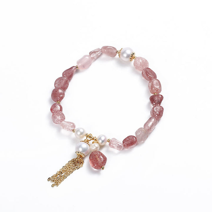 Bracelet de guérison d'amour plaqué or 14 carats avec perles de quartz fraise naturelles