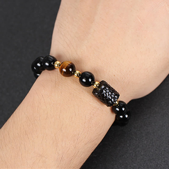 Bracelet de couple en obsidienne noire et bois d'ébène avec œil de tigre rouge