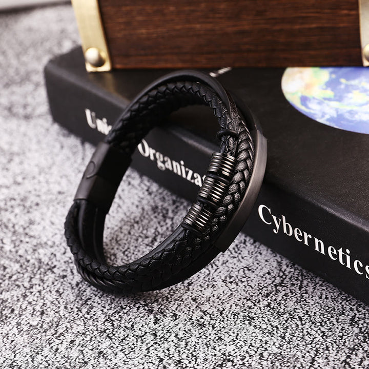 Bracelet en cuir multicouches avec boucle magnétique tressée en acier titane et Buddha Stones