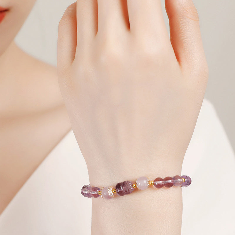 Bracelet de guérison PiXiu en aigue- Buddha Stones, quartz fraise, améthyste et pierre de lune