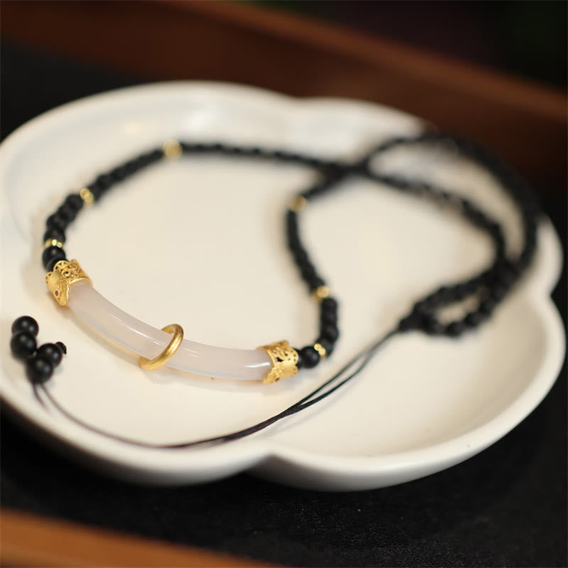 Collier avec pendentif en perles de protection en argent sterling 925 et onyx noir et calcédoine