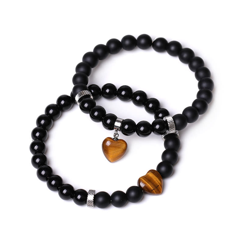 Bracelet de couple en pierre de cristal d'onyx noir Buddha Stones 2 pièces Protection du cœur d'amour