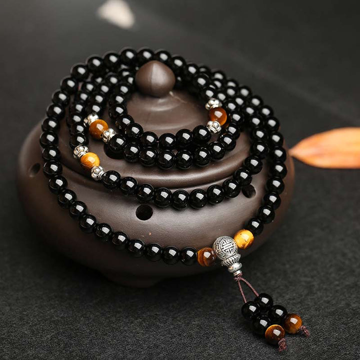 Bracelet Mala de bénédiction en obsidienne noire et œil de tigre Buddha Stones