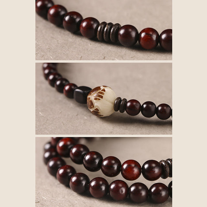 Bracelet double tour sculpté en Buddha Stones, petite feuille, bois de santal rouge, lotus, graine de Bodhi, protection