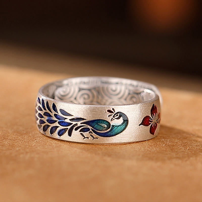 Buddha Stones bonheur en argent sterling 999 avec paon et nuages de bon augure gravés de fleurs de lotus